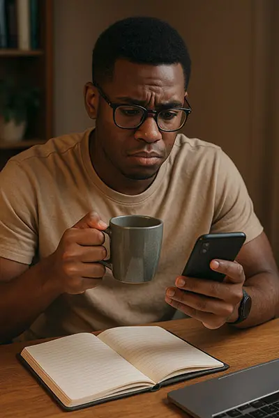 Person struggling with boundary sabotage via text, keyword: boundary guilt