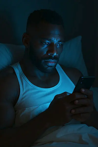 Person using phone before bed, keyword: blue light sleep disruption