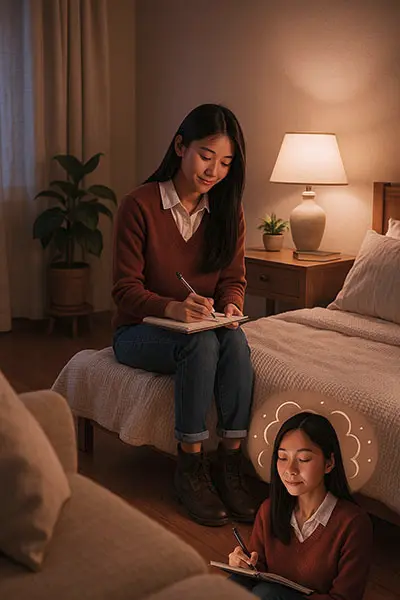 Person writing in a journal before bed, keyword: journaling for sleep