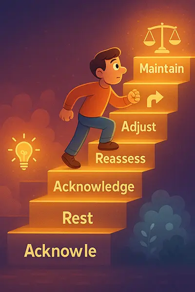 Pixar phases of burnout recovery: character ascending steps from exhaustion to balance, visualizing self-help healing journey