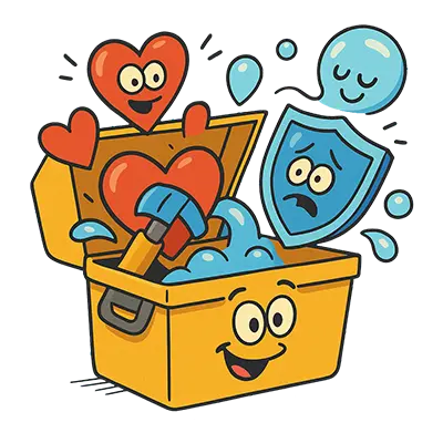 Practical tools for emotional burnout recovery – fun cartoon of exercises and tips, lightening the mood.