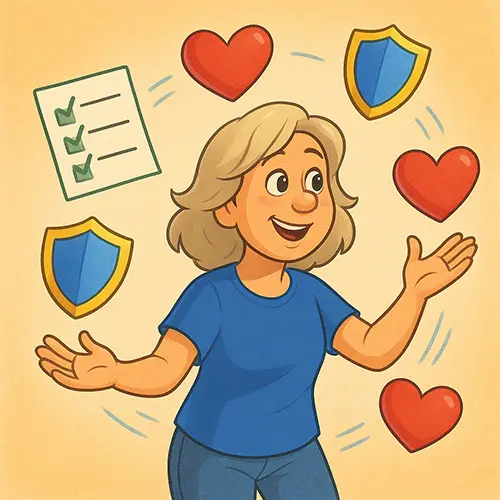 Preventing emotional burnout – fun cartoon showing self-care routines and boundary-setting for energy management