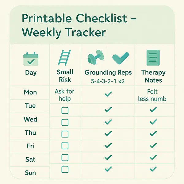 Printable Checklist: weekly tracker for exposure to small safe risks, grounding reps, therapy notes.