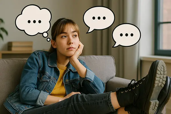 A thoughtful young woman reflecting deeply, representing the introspection needed by professionals like therapists, nurses, and social workers to prevent empathy fatigue and emotional burnout.