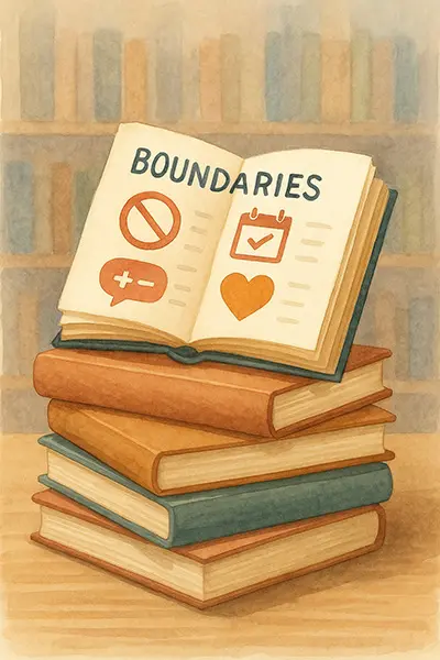 Recommended books on overcoming people-pleasing, watercolor stack for recovery inspiration.