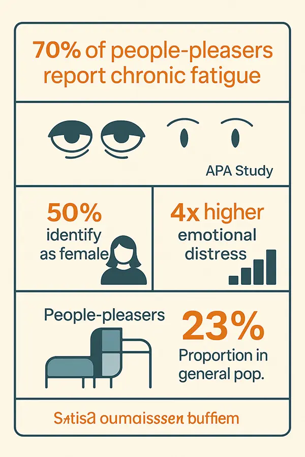 Key stats box on people-pleasing chronic fatigue and burnout risks from reliable sources.