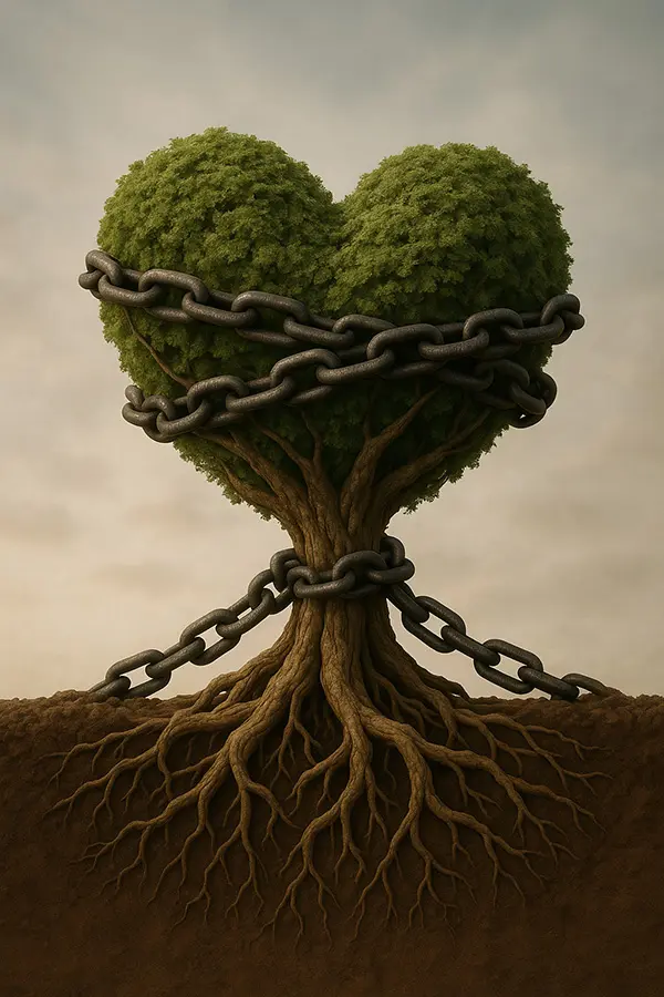 Roots of emotional burnout visual metaphor of causes like people-pleasing and rejection fears.