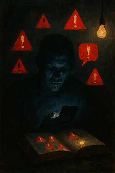 Shadowy figure in doomscrolling grip, red alerts swirling around phone glow signaling addiction red flags