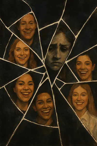 Shattered mirror showing trauma in people-pleasing fatigue.