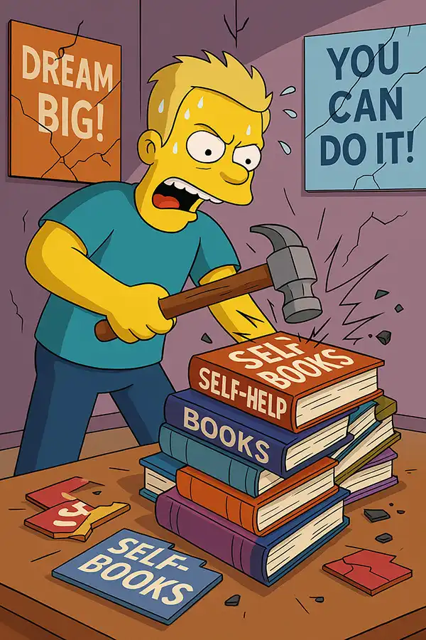 Simpsons breaking self-help cycle: hammer time on advice pile, fun anecdote of escaping growth exhaustion.