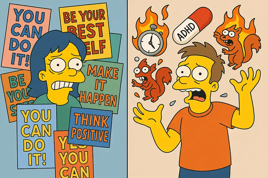 Simpsons-style self-help vs ADHD burnout: characters overwhelmed by advice vs brain chaos, fun take on neurodivergent exhaustion overlaps