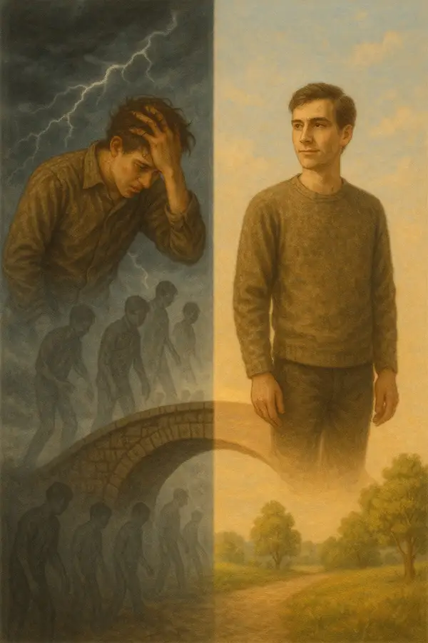 Split view of past and present selves, questioning if grieving old versions is real hidden pain in evolution.