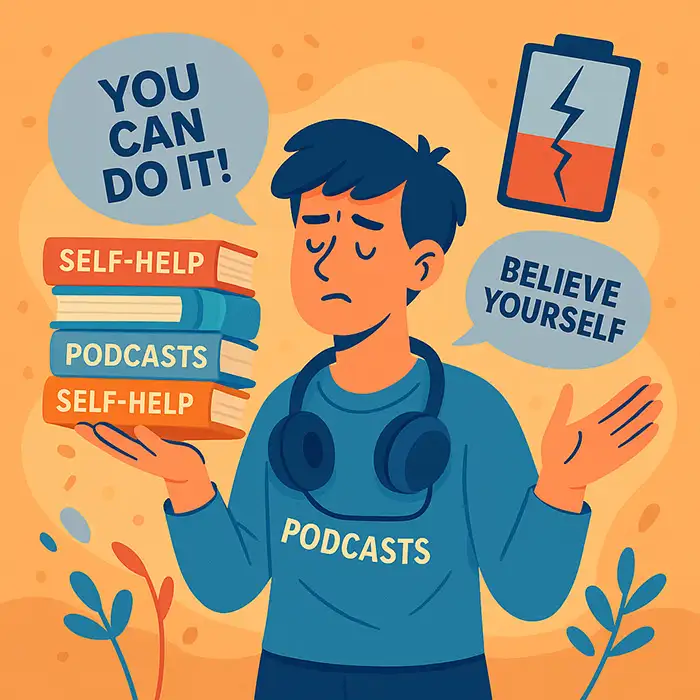 Spotting self-help burnout early: a juggler overwhelmed by advice overload, perfect for detecting growth exhaustion symptoms.
