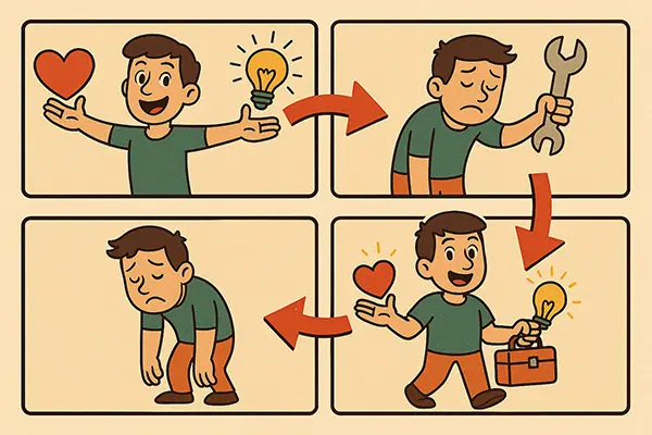 Stages of emotional burnout timeline comic depiction of progression and healing, for engaging insight.