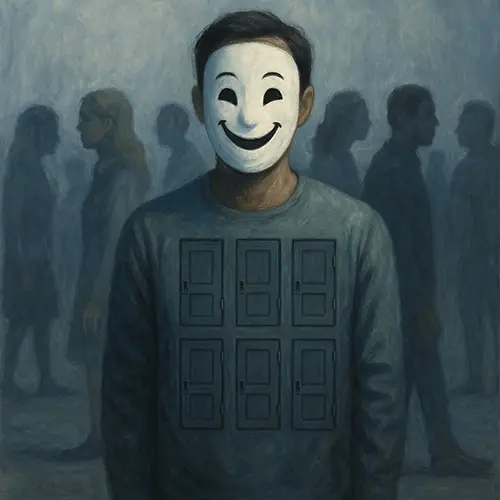 Surreal depiction of emotional unavailability in people-pleasers, locked away behind pleasing facade