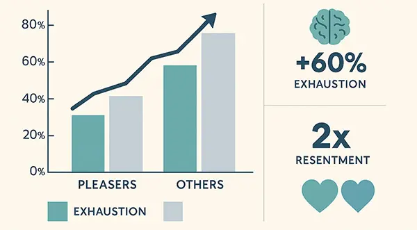 Research stats on people-pleasing fatigue, highlighting exhaustion and psychological impacts.