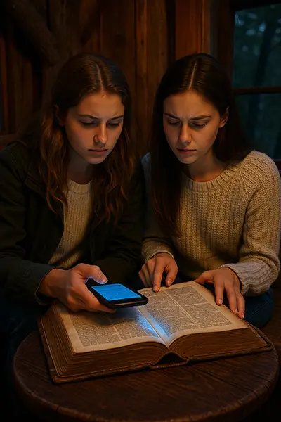 Teen girls in a modern-treehouse blend classic and digital research, checking phone meanings while surrounded by an ancient leather book. Symbolizes who is prone to doomscrolling: a generation bridging analog knowledge and endless digital feeds.