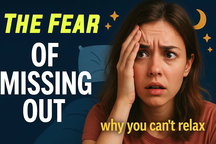 a woman Person scrolling phone at night, overwhelmed expression, seeing endless life updates ... The Fear of Missing Out on Everything Even Rest