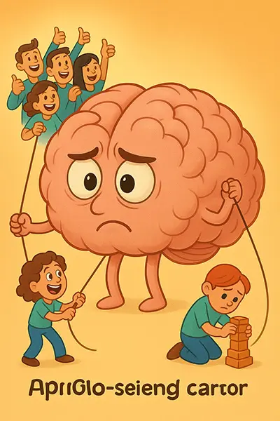 The brain's battle with validation: cartoon depiction of psychological pulls toward external approval and paths to inner confidence.