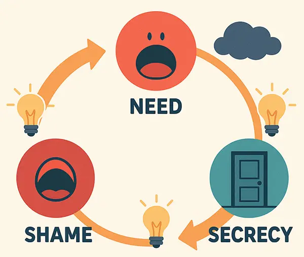 The validation cycle: visual guide to recognizing need, shame, and secrecy in building inner confidence.
