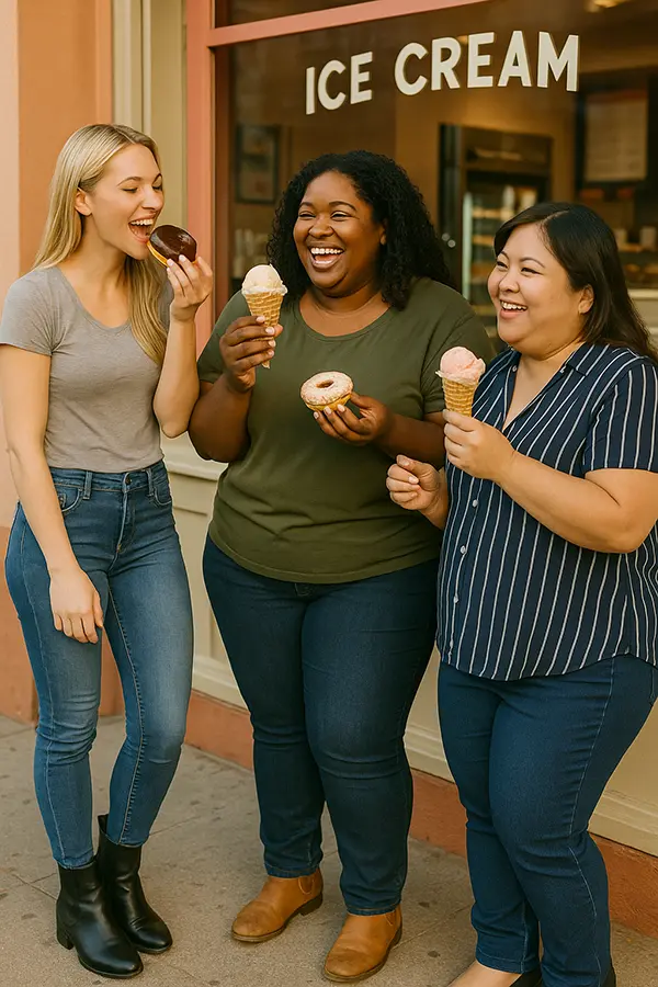 Three friends with different body types happily laughing and sharing donuts and ice cream cones. They're enjoying their treat without a care in the world.