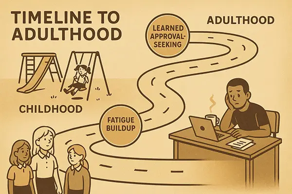 Timeline tracing psychological origins of people-pleasing from childhood to adult exhaustion