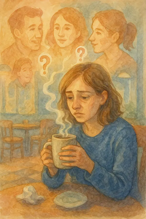 Tired woman in cafe absorbing friends' emotions, case study of supportive friend forgetting herself in emotional caretaking burnout.