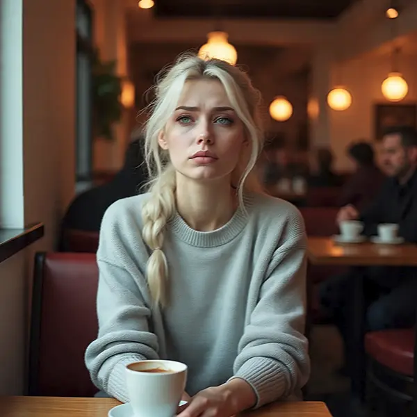  Tired woman sitting alone in a café, symbolizing the subtle exhaustion of always being the strong one