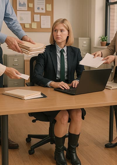 A female employee, already overwhelmed with her own workload, struggles to say no to her colleagues piling even more pressure onto herself.