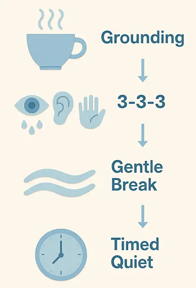 Tools to embrace quiet icon guide with tea, senses, waves, and clock for step-by-step silence ease.
