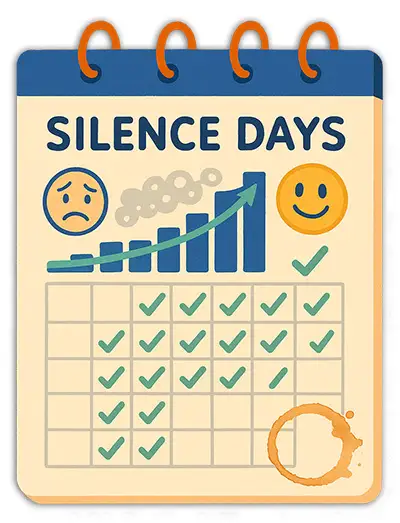 Tracking silence progress cartoon watch unease fade with daily check-ins for calmer mind.