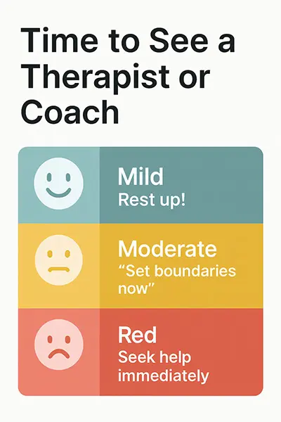 Traffic light system for burnout warning signs  green mild, yellow moderate, red seek help, for visual self-assessment.