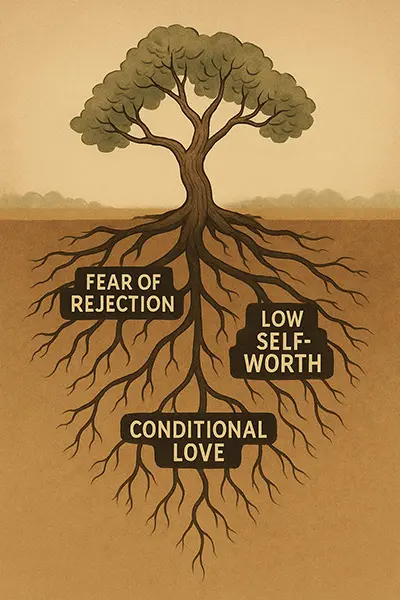 Tree roots depicting root causes of people-pleasing behavior