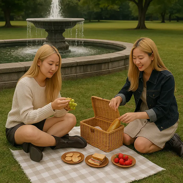 Two Asian friends preparing a peaceful picnic by a serene forest stream. Represents safety, connection, and gentle re-engagement with the world as part of healing from the freeze trauma response.