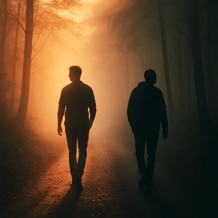 Two figures drift apart on a misty forest path, one in warm light, the other in shadow symbolizing the quiet grief of outgrowing loved ones