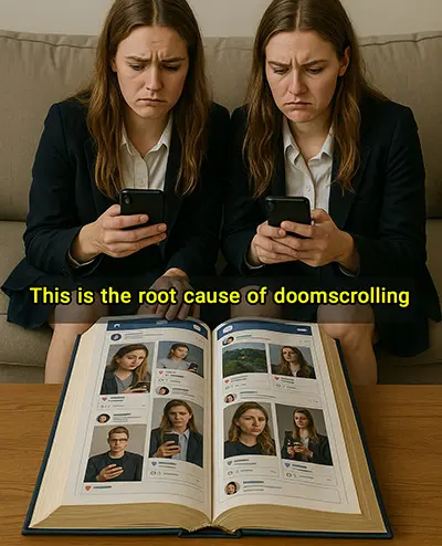 Conceptual image: Two girls doomscrolling through a thick book designed like an infinite social media feed. Represents the root cause of doomscrolling - our ingrained habit of seeking endless novel content, even in analog form.