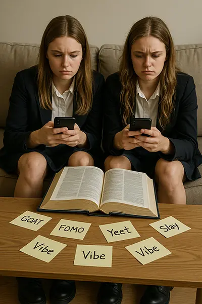 Two tired, confused girls doomscrolling on phones next to a thick open dictionary and slang-filled notes. Visual definition of digital slang overload and information fatigue.