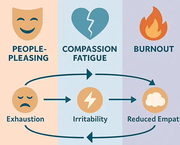 Visual chart comparing people-pleasing fatigue symptoms to compassion fatigue and burnout for self-awareness.