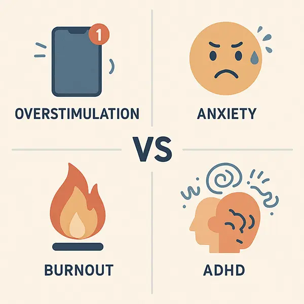 Visual comparison of digital overstimulation versus anxiety, burnout, and ADHD, highlighting differences in symptoms and causes