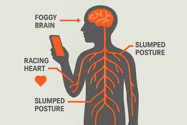 Visual guide to doomscrolling symptoms affecting nervous system, with icons for anxiety spikes and digital fatigue