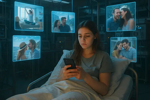 Visual metaphor for digital comparison fatigue while scrolling through idealized social media content