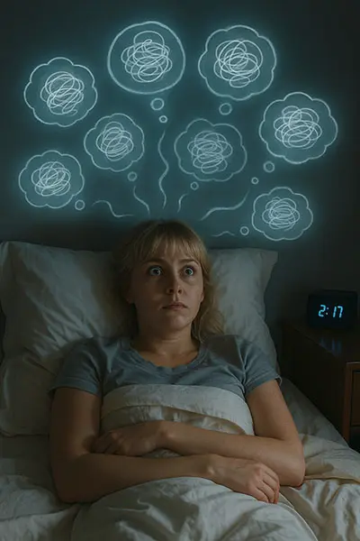 Visual metaphor for night-time racing thoughts and exhaustion mismatch in the body