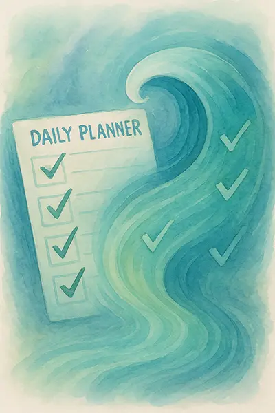 Watercolor daily checklist wave: riding integration to avoid burnout, gentle prevention visualization