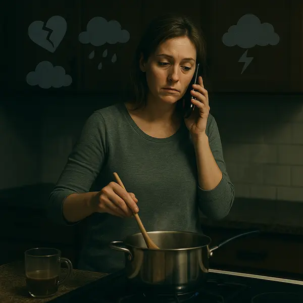 Weary woman managing emotions on phone, defining the invisible strain of emotional caretaking burnout in daily life.