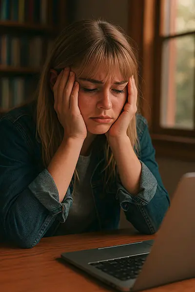 Person experiencing mental fatigue, keyword: mental exhaustion