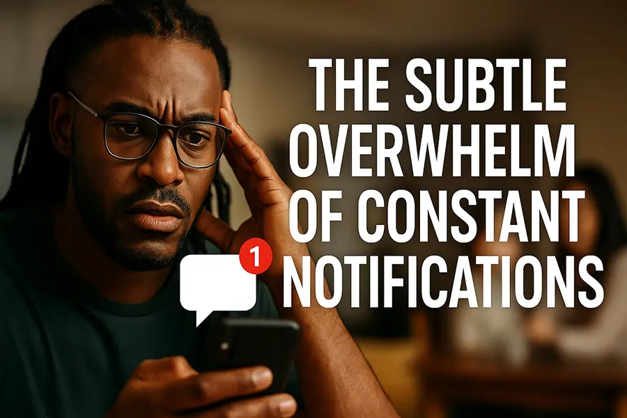 overwhelmed person feeling nervous system fatigue from constant smartphone notifications