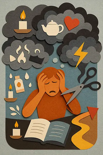 Why self-care stresses during recovery: collage of calm icons gone chaotic, capturing ironic burnout tension.
