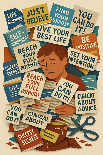 Why self-help advice overwhelms: paper collage of buried figure, capturing causes of self-inflicted burnout