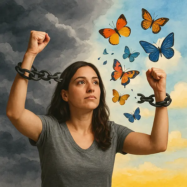 Woman breaking chains to butterflies, reclaiming balance from emotional caretaking in real-life case study.