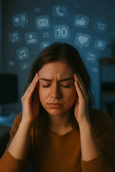 Woman experiencing headache from digital overstimulation, showing physical signs like eye strain and mental fog amid notification overload